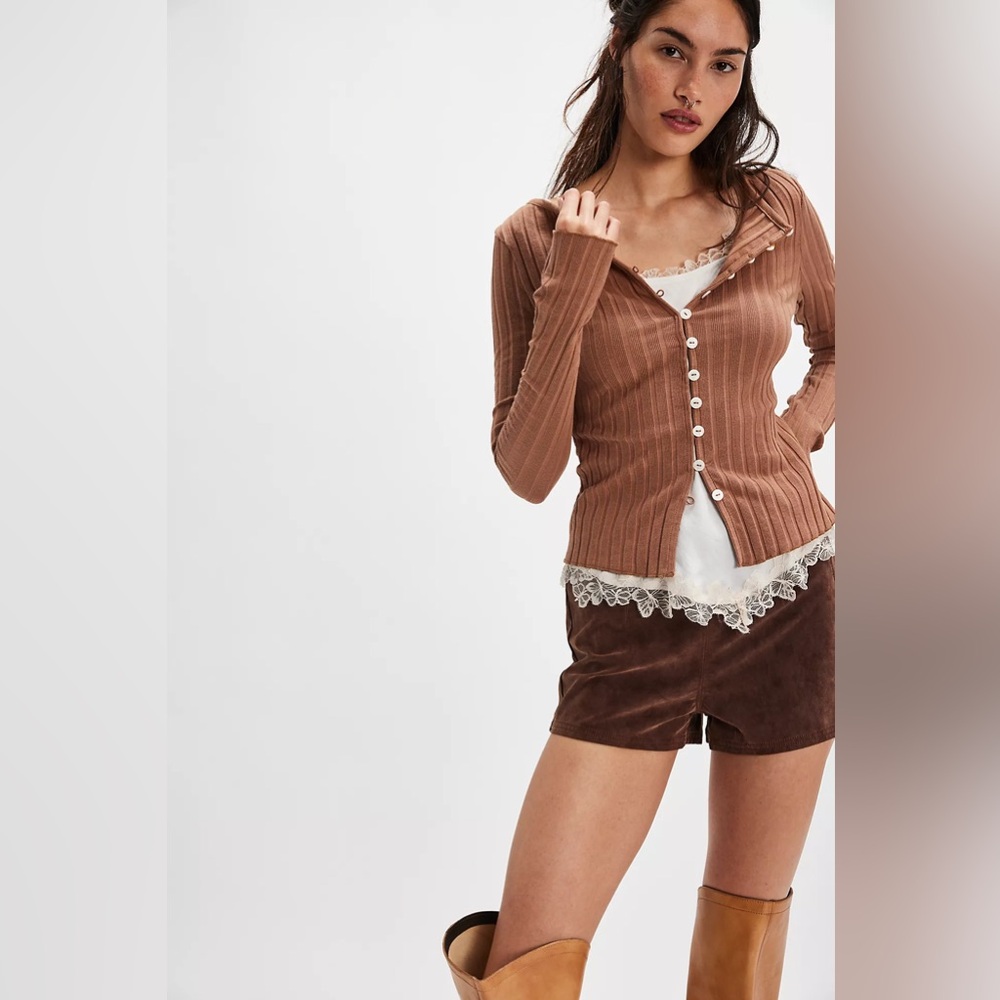 Free People Tan Ribbed Button-Up Cardigan